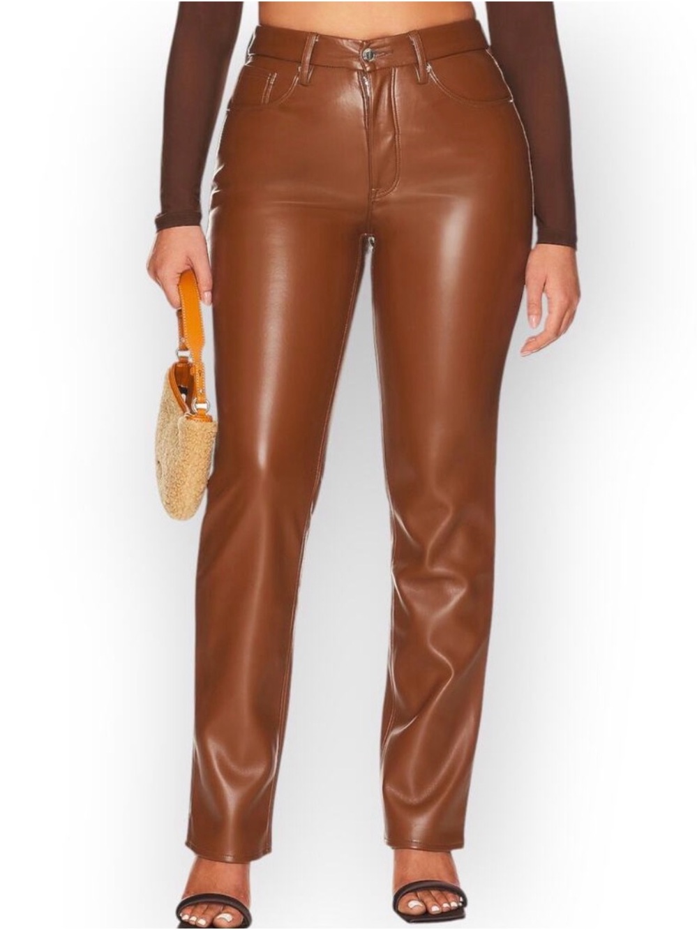 Good American Brown Leather Straight-Leg Pants